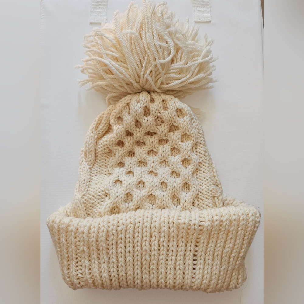 Elf Jovie Copycat Cozy Cream Knit Pom-Pom Beanie Hat, Hand Knit